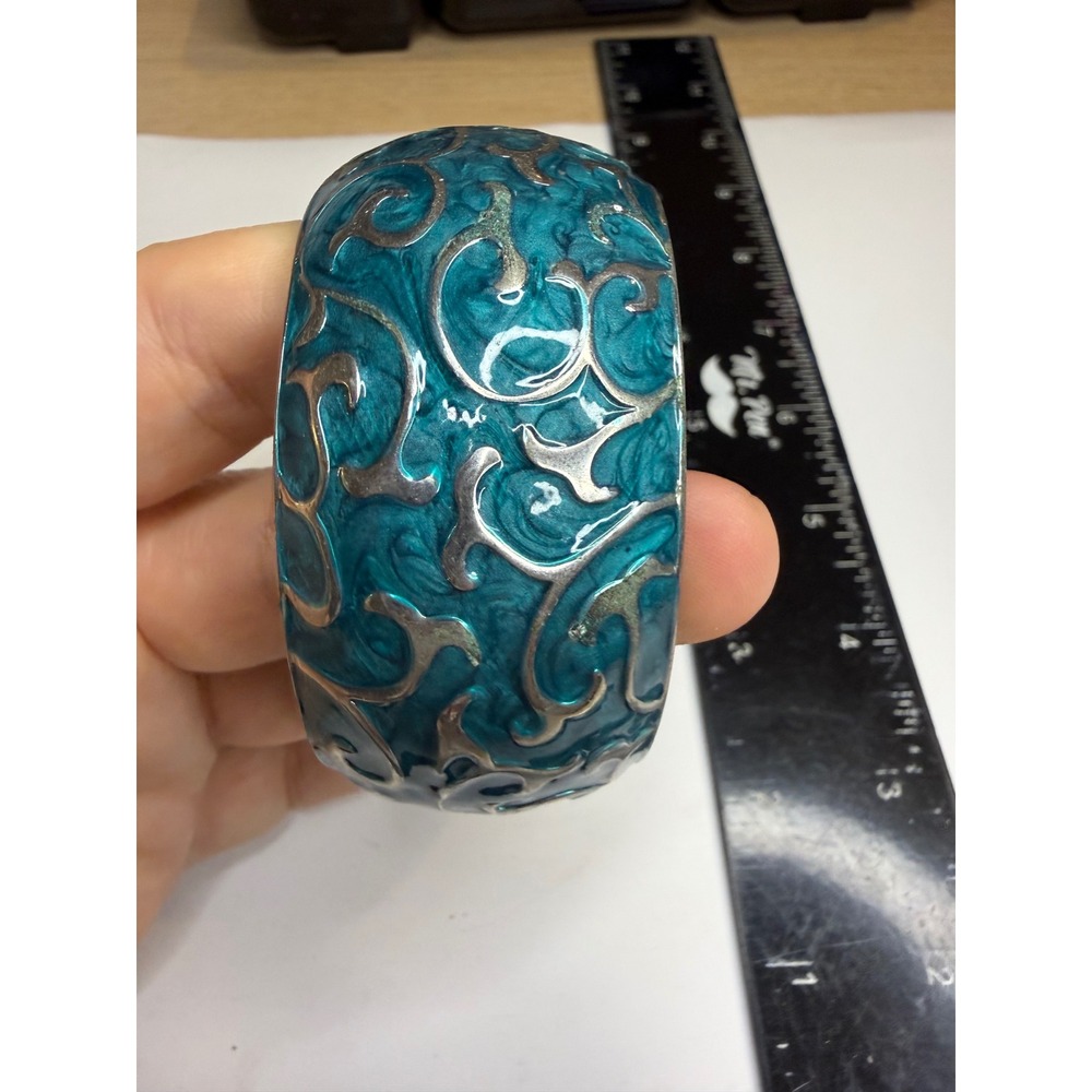 Teal Enamel Silver Tone Filigree Scroll Hinged Bangle Statement Bracelet